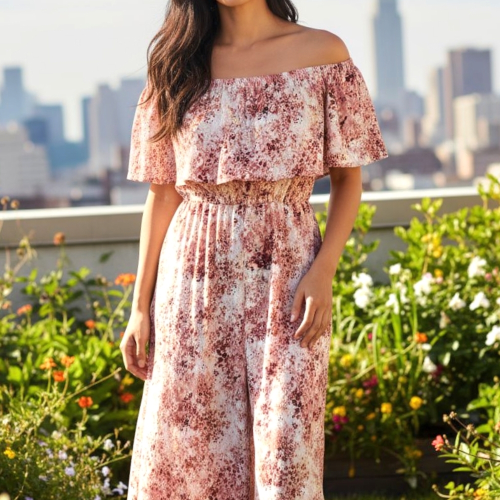 Haute Hippie Jump Suit Off Shoulder Wide Leg Burgundy Feminine Ruffled